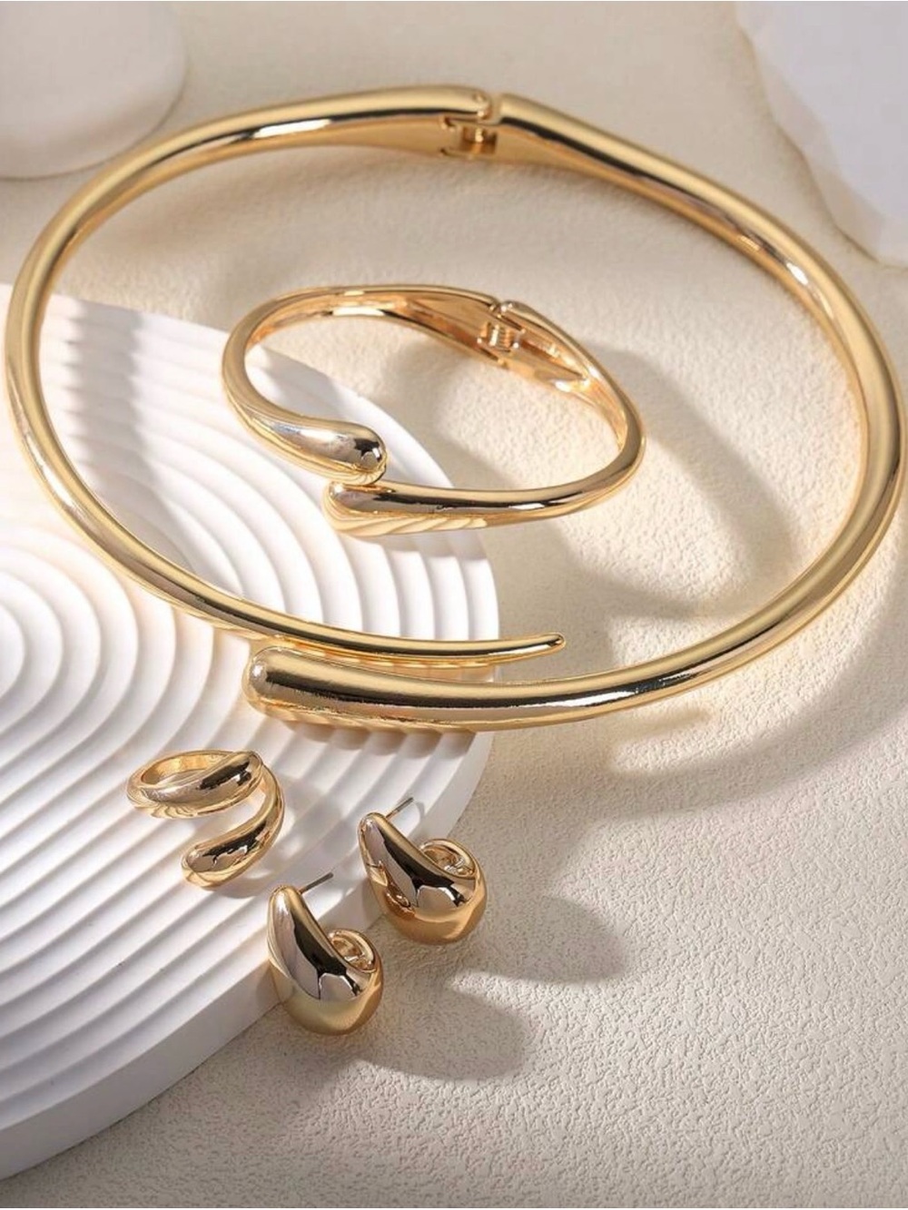 Gold Sculptural Collar Necklace, Bracelet, Earrings and Ring Set
